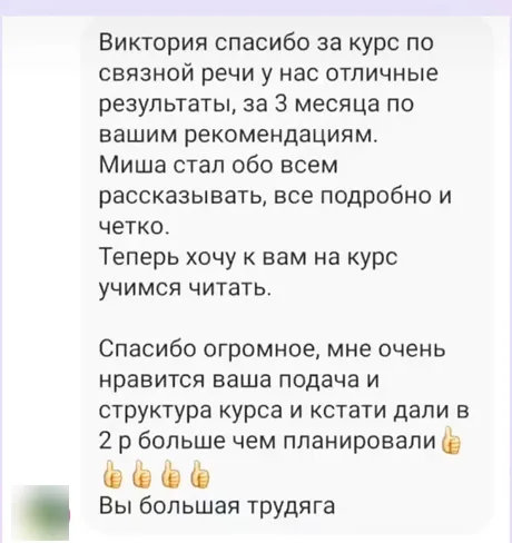 Отзыв о курсе по связной речи: Миша стал обо всём рассказывать подробно и чётко, словарный запас вырос вдвое против ожиданий.